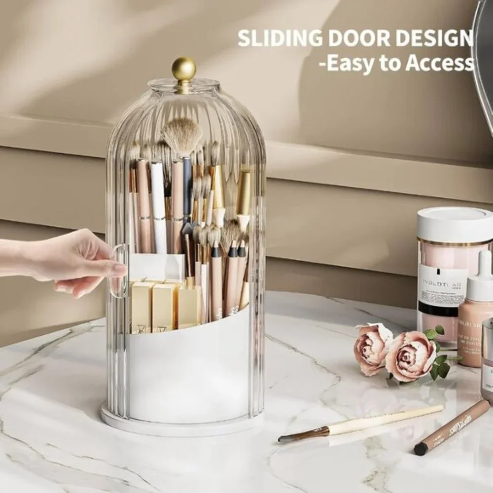 New 360° Rotating Makeup Brush Holder, Waterproof White-Clear Vanity Organizer